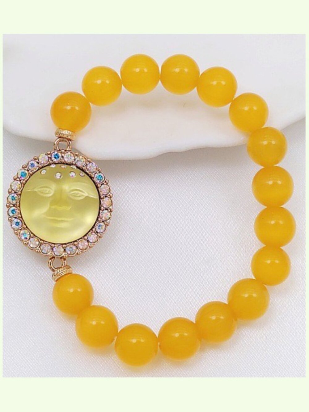 Kirks Folly Cameo Moon Face Gold Yellow Cat's Eye Stone Stretch Beaded Bracelet